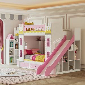 Litera de Castillo de madera rosa para niños y niñas, cama de princesa con almacenamiento de escritorio, armario deslizante para escalera - Product Image 4