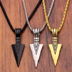 Moda Jóias Titanium Aço Preto Ouro Prata Cor Triângulo Seta Pingente Longa Cadeia Colares Arrowhead Mens Colares