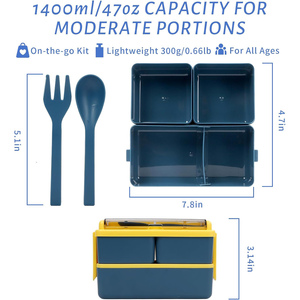BPA Free Plastic 1400ml Dual Tier Airtight Heatable Dishwasher Safe <b>Microwave</b> Lunch Box Bento Box Kids 4 Compartments Fork Spoon - Product Image 3