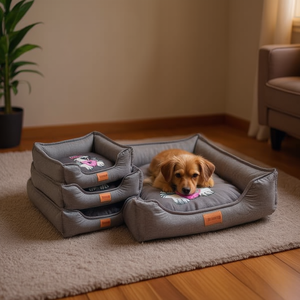 Set Letto per Animali Domestici in Lino Grigio a Tre Pezzi, Design a Nido Quadrato con Dettagli Verniciati a Spruzzo - Product Image 3