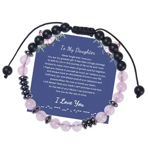 New To My Daughter Morse Code Bracelet Temperament Versatile Matte Pink Crystal Stone Beads Bracelet Gifts for Women