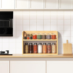 ชั้นวางเครื่องเทศไม้ไผ่แบบติดผนังสองชั้นสำหรับใช้ในครัว - Product Image 3