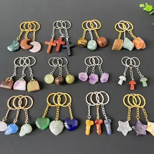 Custom Healing Stones Crystal Crafts Tumbled Stone KeyChains Mixed Various Engraved Natural Quartz Crystal Keychains for Gift