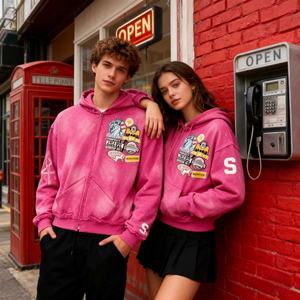 Hoodie unisexe zippé surdimensionné personnalisé avec strass, broderie 3D et impression couleur pulvérisée, coupe carrée courte, style streetwear, le plus vendu - Product Image 2