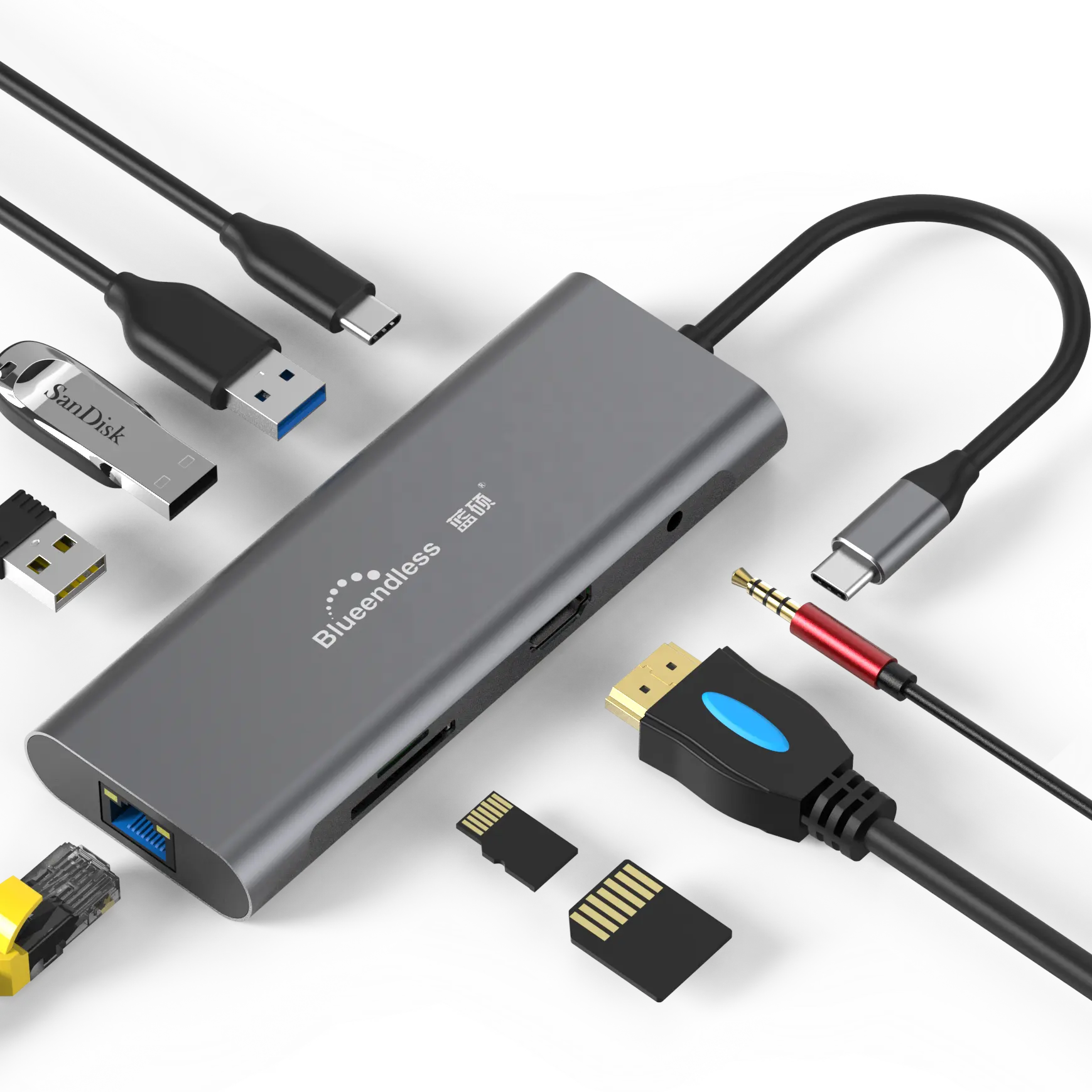 อลูมิเนียม9 In 1 Usb C Hub สนับสนุน Hdtv Rj45พอร์ต Lan ความเร็วสูงฮับ9 In 1ประเภท C สำหรับ Mac Book