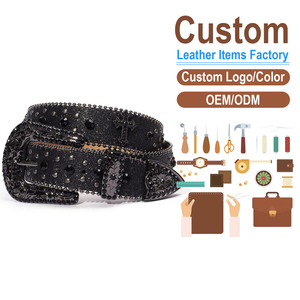 Cinturón de Cuero Personalizado con Tachuelas de Diamantes de Imitación Negros y Hebilla de Hierro, Estilo Casual Vintage, Duradero, Moldeado en una Sola Pieza - Product Image 1