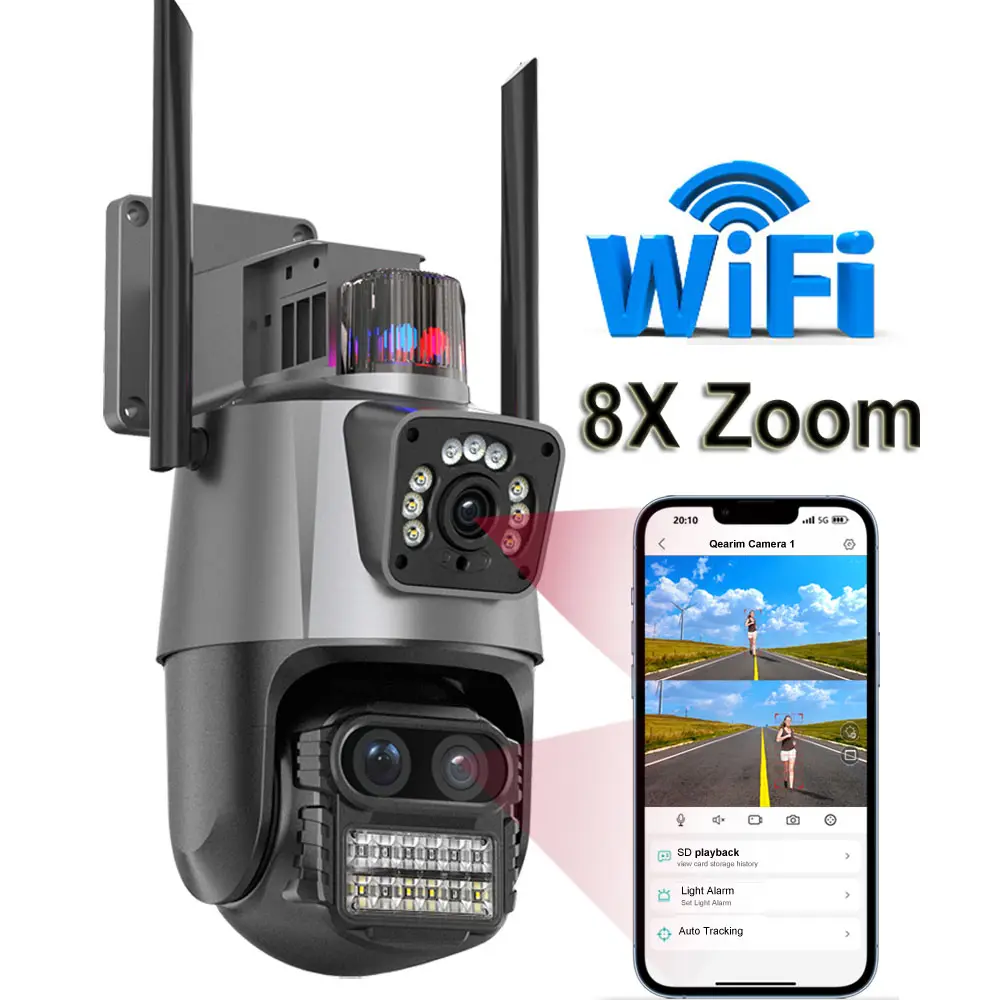 Qearim 3 Lens akıllı Alarm WIFI bullet ve dome bağlantı 8X Zoom IP PTZ kamera 12V icsee FHD projektör açık wifi kamera