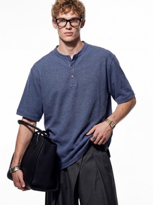 2026 Summer New Men Henley Tee <b>Waffle</b> Cotton Fabric Vintage Relaxed Fit Oversized Short Sleeve T-<b>shirt</b> Minimalist Old Money - Product Image 4