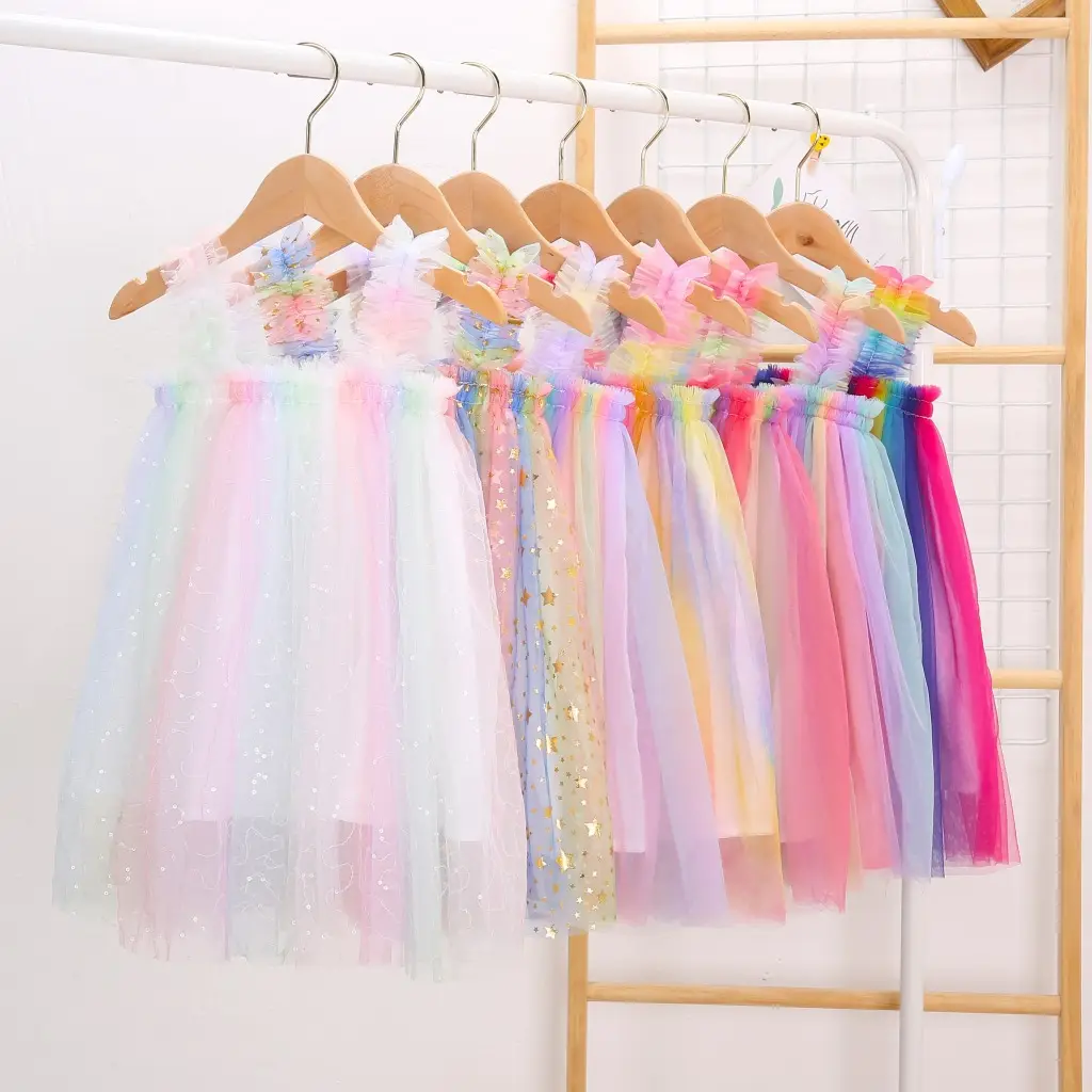 Vestidos de princesa para bebés, tutú de tul y arcoíris, moda, ropa para niños dg063, venta al por mayor, Verano