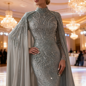 Robes de Soirée Sirène Grises Personnalisées 2026 à Col Montant avec Cape Perles 3D Élégantes Robes de Fête avec Traîne Balayante pour Femmes - Product Image 5