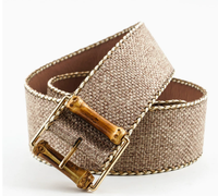 Ceinture large décontractée en lin tissé texturé avec surpiqûres contrastées et boucle ardillon en alliage – Style rétro décontracté pour tenues quotidiennes