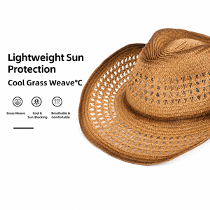 Chapeau de cowboy occidental en paille pour l'été, protection solaire, style rétro ethnique <span class=keywords><strong>Fedora</strong></span>, pour femmes et hommes, vente en gros - Product Image 2