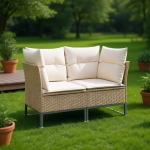 Canapé de jardin 2 places en rotin beige avec coussins en mousse haute densité, mobilier d'extérieur - Product Image 2