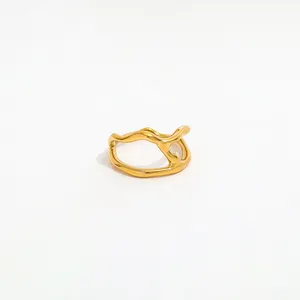 Joolim High End 18K Gold Plated Stainless Steel Lines Fluid Abstract Irregular Open Rings for Women Finger Ring Wholesale