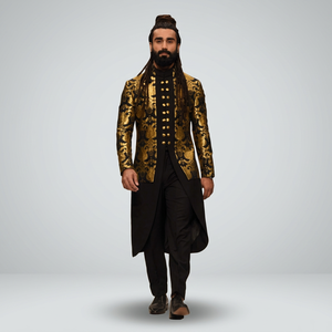 2024 New Designer Indo-Western Brocade Jacket with Plain Sherwani & <b>Pant</b> Beautiful Silk Wedding Suit Parties Weddings Plus Size - Product Image 4
