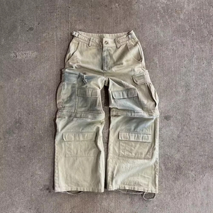 Jean baggy vintage taille haute personnalisé en denim délavé 100 % coton avec poches cargo convertibles pour homme - Product Image 1