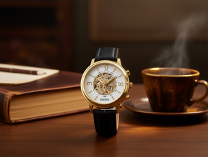 Orologio Meccanico da Uomo VOSTO 38mm Cassa Dorata Cinturino in Pelle Quadrante Scheletrato Stile Lusso Moda - Product Image 2