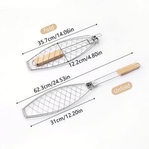 New Bbq <b>Mesh</b> Barbecue Stainless Steel Fish <b>Grill</b> Basket With Wooden Handle - Product Image 2
