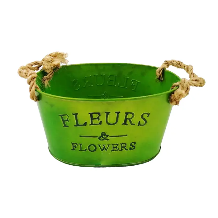 Pot de fleurs vert en métal pour décoration de jardin, Pot rond, avec poignée en corde de chanvre, couleur printemps, offre spéciale