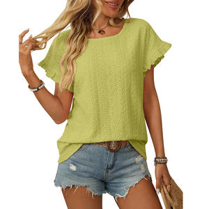 Colección Primavera Verano, Camiseta Holgada de Manga Corta con Mangas de Pétalo para Mujer, Diseño Calado, Color Sólido, Cuello Redondo, Tejido Europeo - Product Image 4
