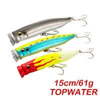 Leurre artificiel dur de surface Topwater Popper pour pêche en mer profonde, grandes vagues, pêche en bateau, traîne, surfcasting, 61g 15cm avec grelots