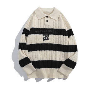 Suéter de punto de rayas multicolores <span class=keywords><strong>9gg</strong></span> de algodón 100% para hombre, suéter de cuello Polo bordado Jacquard personalizado para hombre - Product Image 4