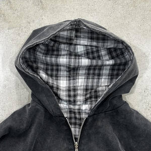 เสื้อฮู้ดดี้ผ้าฝ้ายลายสก็อตแบบซิปคู่ ดีไซน์ทำสีซีดแบบวินเทจ สไตล์สตรีทแวร์สำหรับผู้ชาย คุณภาพสูง ขายส่ง - Product Image 4