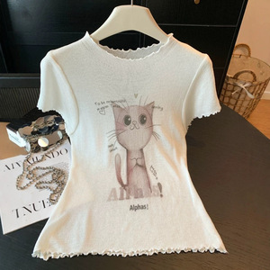 เสื้อถักลายลูกแมวแต่งระบาย แบรนด์ Dalang Factory แขนสั้น คอกลม ทรงเข้ารูป ผ้าเนื้อนุ่ม สไตล์ฤดูร้อนสำหรับผู้หญิง - Product Image 3