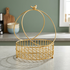 <b>Gold</b> Metal Wire <b>Storage</b> <b>Basket</b> Circle Shape With Bird Handle For Kitchen Home Decor Elegant Organizer - Product Image 1