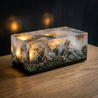 Lampe Diorama de Montagne Artistique en Résine Transparente Faite à la Main, Modèle Miniature de Paysage au Coucher du Soleil, Sculpture