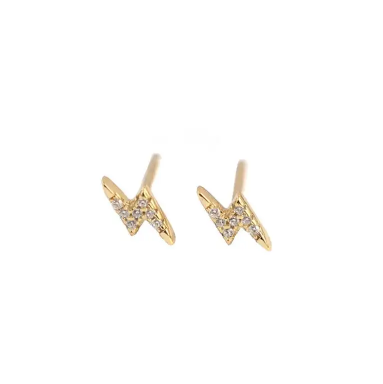 Minimalist & Dainty Sterling Silver Tiny Zirconia Stone Studs Gold CZ Crystal Lightning Bolt Stud Earrings
