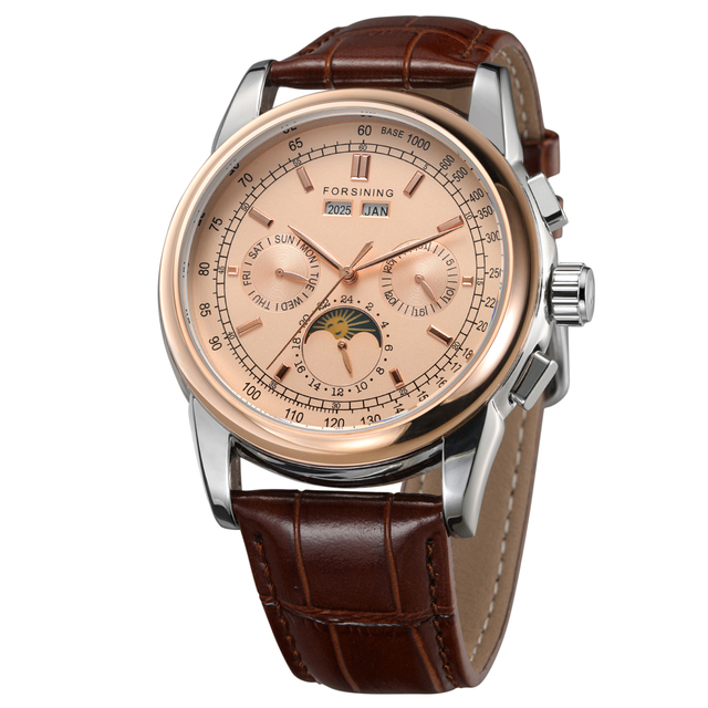 Forsining Brand Factory Hot Sale Casual Fashion Watch Automatic Moon Phase Genuine Leather Strap Unisex Wrist Watch B2B Only