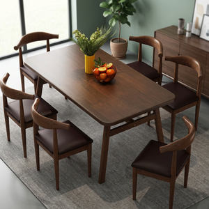 Modern Teak Wood 6 Seater <b>Dining</b> Table Set with Padded Cowhorn <b>Chairs</b> - Product Image 2