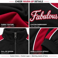 Ensemble d'échauffement noir et bordeaux pour cheerleading, personnalisé, avec veste à col montant entièrement zippée et pantalon évasé, imprimé résistant à la décoloration, pour entraînement d'équipe