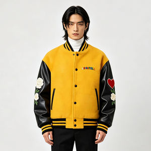 Custom Logo Snap Front Varsity <b>Jacket</b> Floral Applique <b>Leather</b> Look Sleeves Striped Rib <b>Men</b> Baseball <b>Jacket</b> - Product Image 1