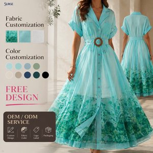 Vestido Maxi Personalizado para Mujer, Estampado Floral <span class=keywords><strong>Verde</strong></span> <span class=keywords><strong>Turquesa</strong></span>, Cuello en V, Manga Corta, Cierre <span class=keywords><strong>de</strong></span> Botones, Cintura Alta, Estilo Línea A, para Vacaciones <span class=keywords><strong>de</strong></span> Verano - Product Image 1