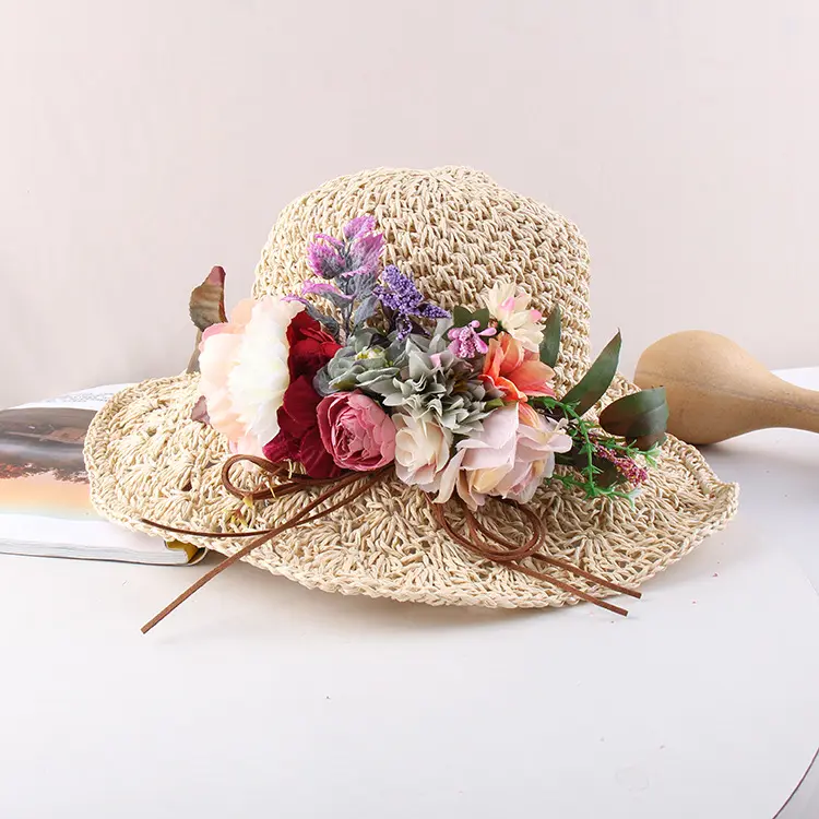 Rustic ดอกไม้หมวกฟางฤดูร้อนสุภาพสตรีริมทะเลวันหยุดหมวก Outing ครีมกันแดดปีกใหญ่ Cool หมวก