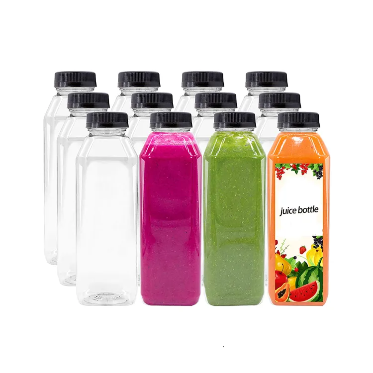 Custom Transparent Square PET Beverage Bottle 250ml 300ml 500ml Food Grade Plastic for Water Juice Soda Packaging