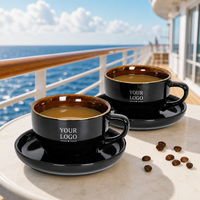 Ensemble tasse et soucoupe à café en céramique noire, pour cappuccino, à large ouverture, avec bord intérieur bronze, logo personnalisé, vente en gros, café, hôtel, OEM, ODM, en vrac