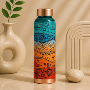 Botella de Agua de Cobre Esmaltado con Diseño Tribal y Tapa de Cobre, Botella Artesanal Étnica de Diseño Ayurvédico a Prueba de Fugas - Product Image 1