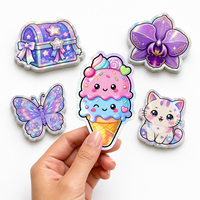 Autocollants personnalisés holographiques découpés à la forme, imperméables, autocollants mignons Kawaii, dessin animé, crème glacée, chat pour journal, bouteille, scrapbooking