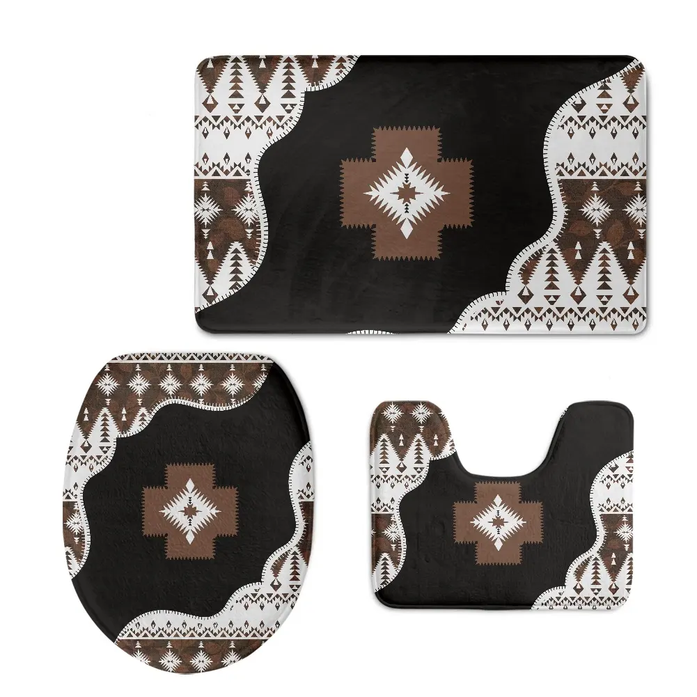 Bathroom Warm Toilet Seat Cover Accessories Navajo Tribal Feather Pattern Design 3set Non Slip Bath Mats Bathroom Carpet