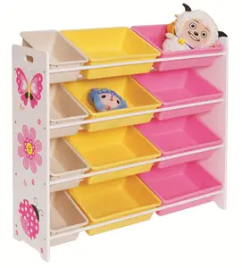 High quality wooden kid's toy storage shelf with 9pcs plastic storage box for gifts