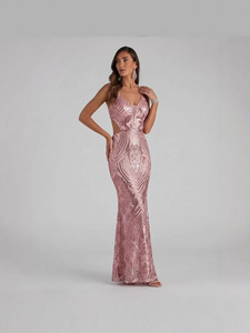 Abito da sera estivo a sirena azzurro con <span class=keywords><strong>paillettes</strong></span> da donna, scollo a V, cut-out in vita, spalline sottili, elegante abito lungo formale da festa - Product Image 4