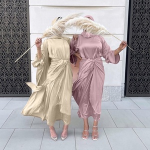 Kaftan Abaya Kimono Satin turchia Islam arabo 3 pezzi set musulmani Robe Longue Femme Dubai Abayas per donna abito Hijab marocchino - Product Image 1