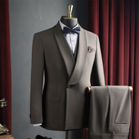 Ensemble Smoking Homme Respirant à Double Boutonnage en Laine Peignée avec Revers et Braguette Zippée, Veste et Pantalon, Châle Noir, pour Mariage, Garçons d'Honneur, Bal de Fin d'Année et Dîner