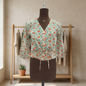 Blusa de algodón con estampado floral para mujer, cuello en V, manga tres cuartos, informal, transpirable, con volantes, para primavera y verano - Product Image 2