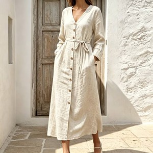 Vestido Midi de Lino para Mujer con Cuello en V y Botones al Frente, Manga 3/4 Enrollable, Cintura con Lazo, Bolsillos Laterales, Estilo Casual para Vacaciones, OEM Personalizado - Product Image 1