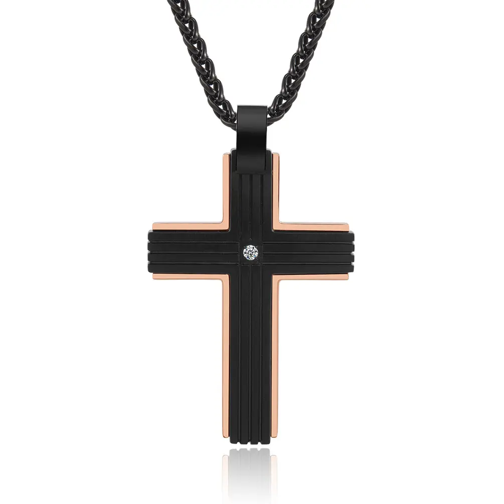 2022 Fashion Jewelry Gold Planted Double Color Black Stainless Steel Cross Pendant Necklace