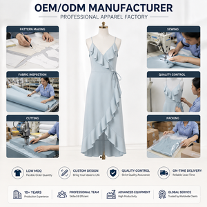 Robe midi en mousseline bleu poudré personnalisée pour <span class=keywords><strong>femme</strong></span>, col en V, à volants, style portefeuille, pour demoiselle d'honneur, invitée de mariage, cocktail, fournisseur en gros - Product Image 6